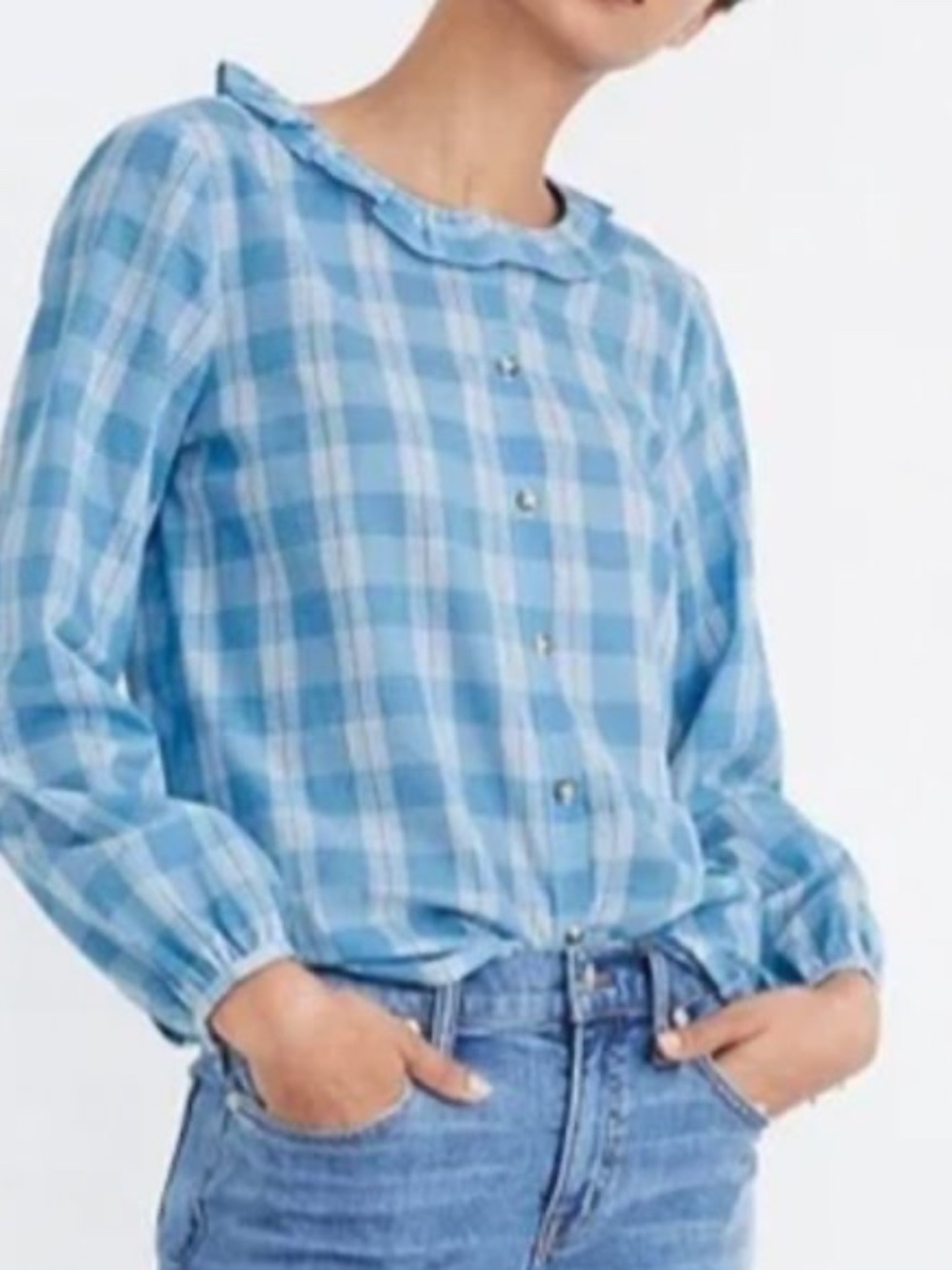 Madewell Ruffle-Neck Cotton Top in Colwell Plaid Size XS